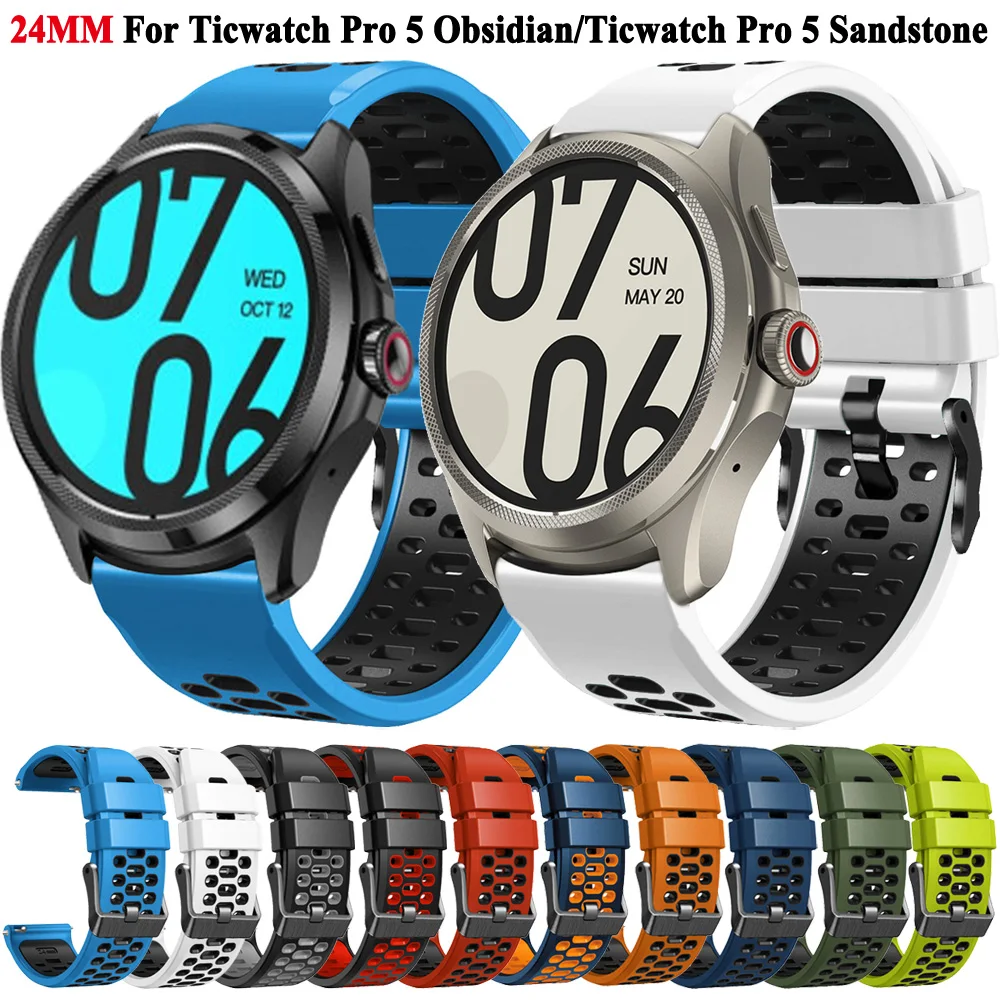 24mm Silicone Strap Compatible With For Ticwatch Pro 5 Obsidian/For Ticwatch Pro 5 Sandstone Wristband Bracelet Smartwatch Band