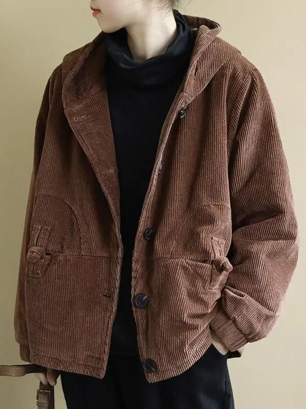

plus Size Women's Corduroy Jaet Autumn Winter Thiened Cotton Lined Hooded Casual Sle Faionable All-Match Outerwear