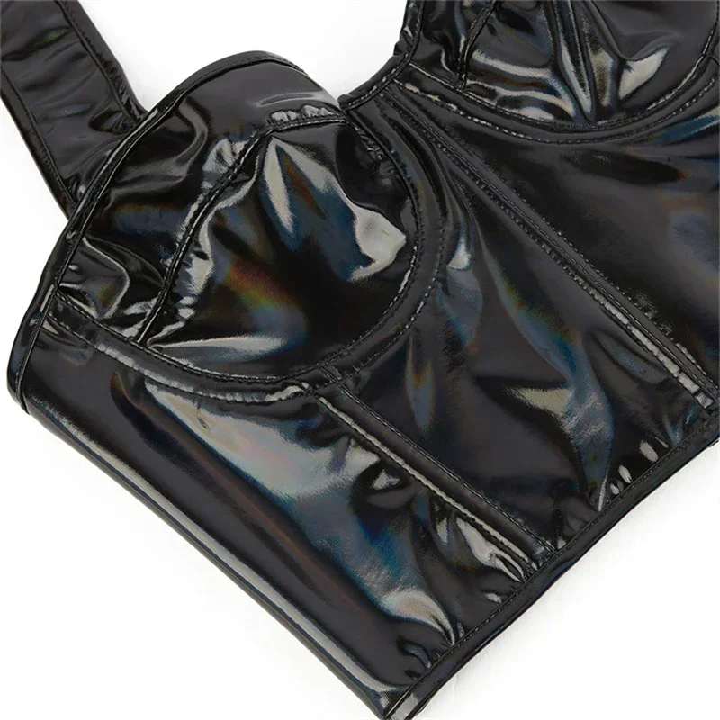 أسود بولي PU فو الجلود الرسن مشد المحاصيل القمم المرأة الدانتيل متابعة القوطية مثير مع الصلب حلقة الصدرية الصدر دعم المشدات