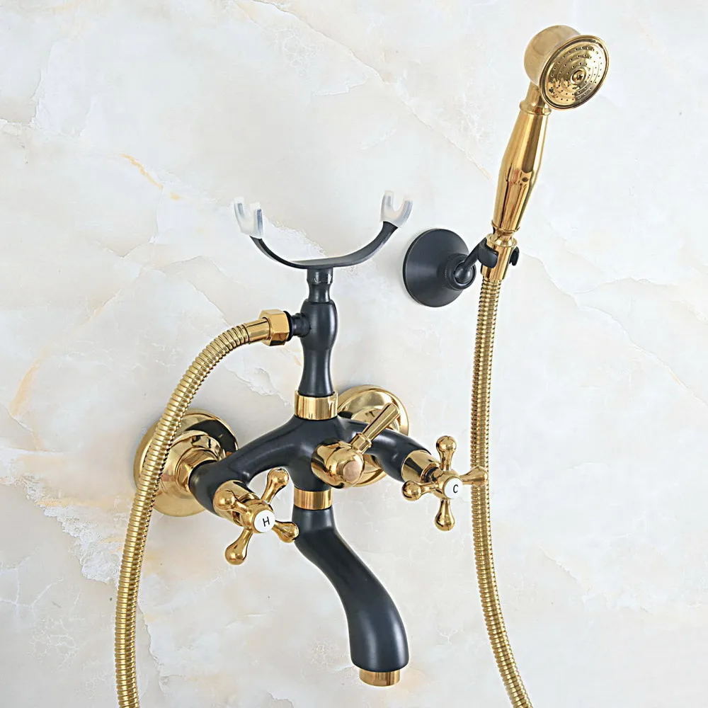 

Black Oil Rubbed & Gold Brass Wall Mounted Bathroom Bath Tub Faucet Set WITH/ 150CM Handheld Shower Spray Head Mixer Tap Dna586