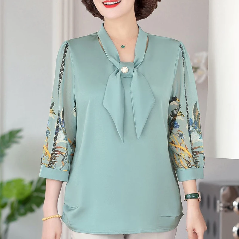 Bow Beaded Elegant Chic Print Half Sleeve Loose Ladies Tops Blouses Spring Summer Korean Fashion Casual Shirts for Women Clothes