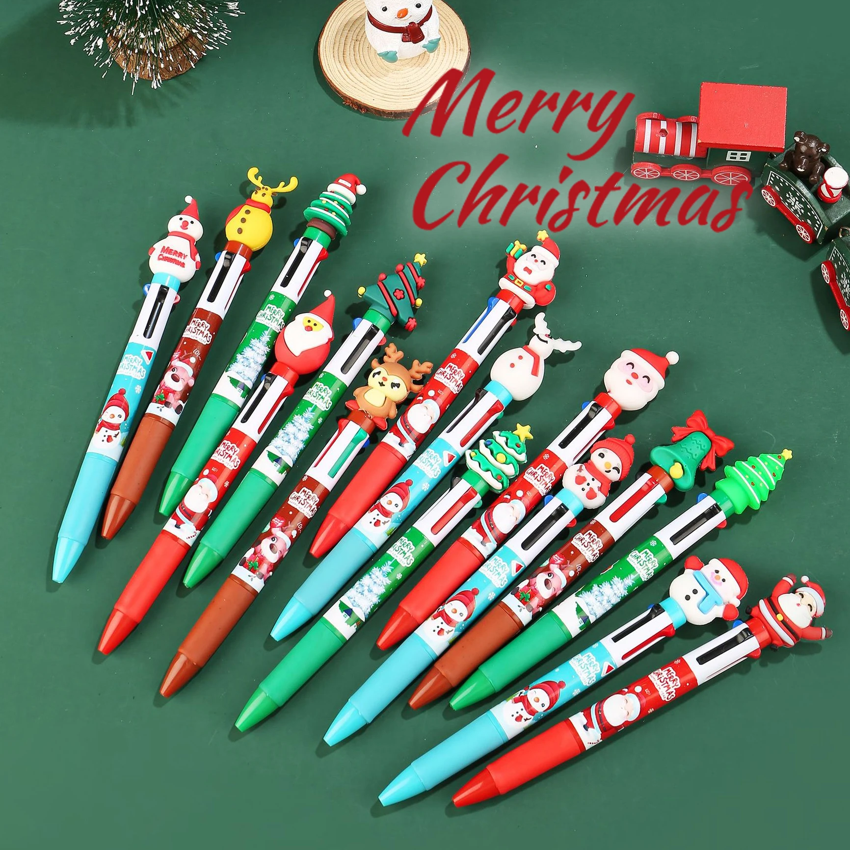 12Pcs/Lot New Christmas 4 Colors Ballpoint Pens Cute Cartoon Santa Claus Elk Bell Tree Multicolor Pen Kids School Supplies Gifts