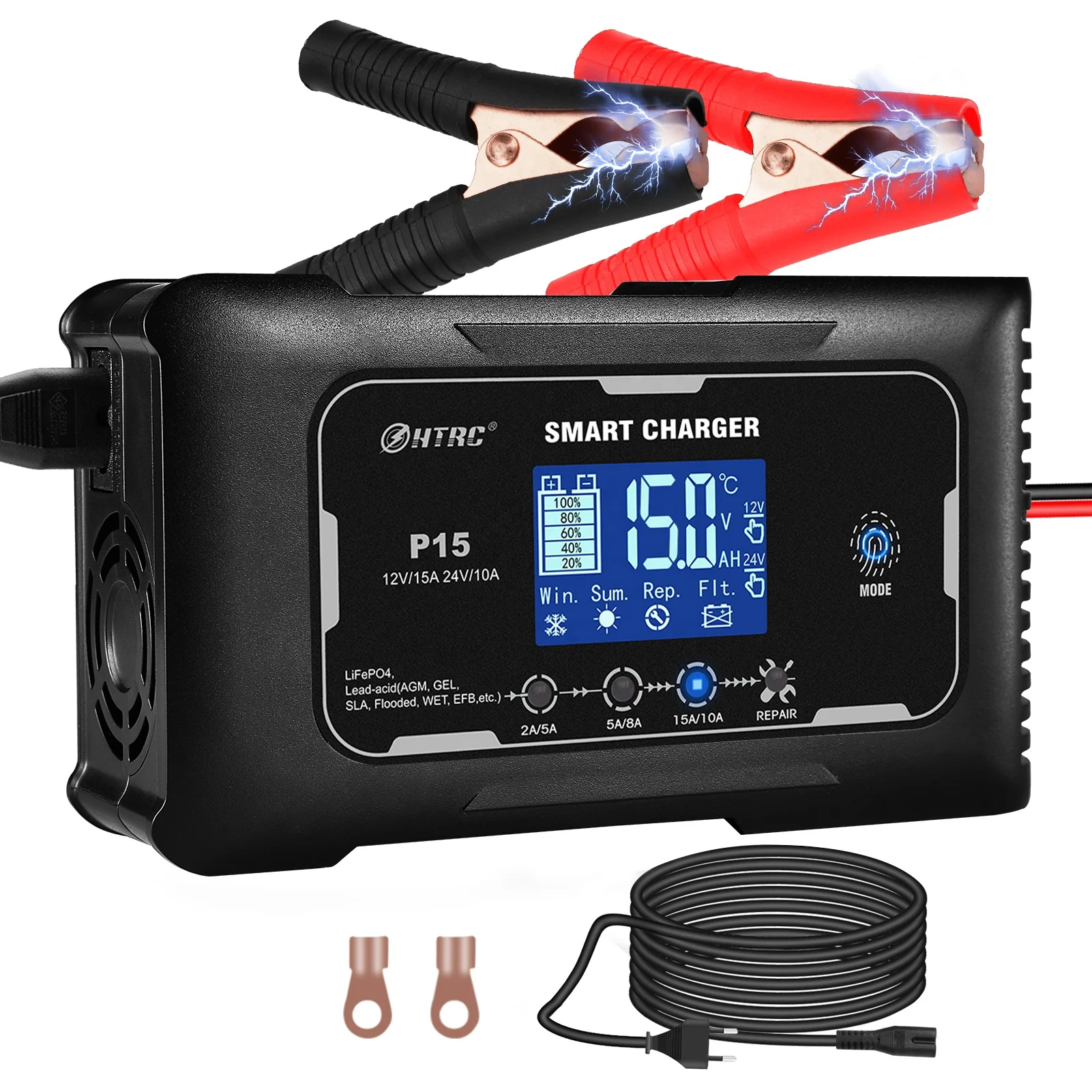 HTRC P15 Car Battery Charger 12V/15A 24V/10A Full Automatic Pulse Repair Touch Screen for PB LIFEPO4 Lead-Acid Electric