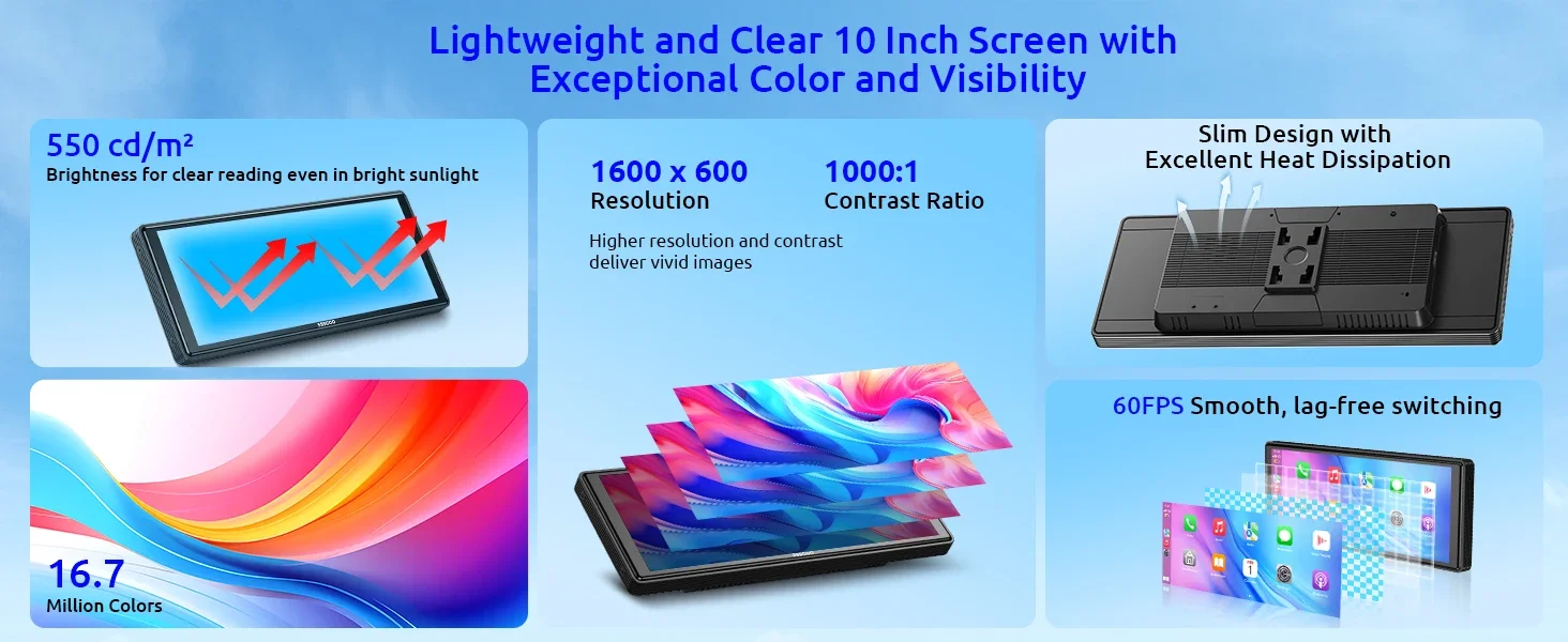 ESSGOO 10,26" Tragbare Universelle Drahtlose Carplay-Halterung für Wohnmobile, LKWs, Autoradios, Tourscreen, Android Auto, Bluetooth, FM, Lenkradsteuerung, Einfach zu installieren – Detail 17