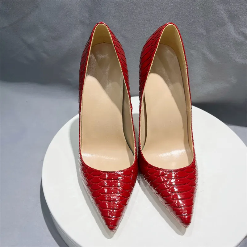 Tikicup New 12cm 10cm Thin Heeled Sexy Women Red Crocodile Effect Pointy Toe Party Wedding Shoes Snakeskin Stiletto Pumps