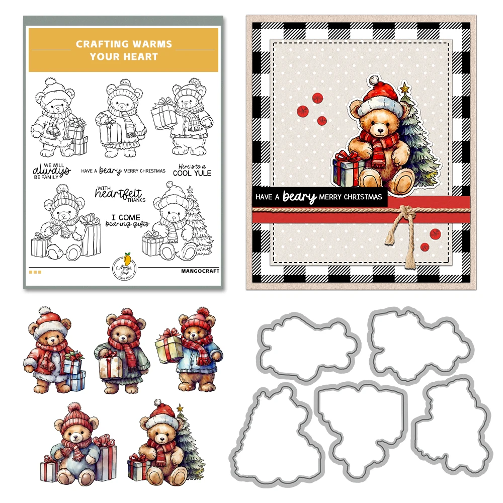 Mangocraft Cute Bears Christmas Gifts Cutting Dies Clear Stamp DIY Scrapbooking Metal Dies Silicone Stamps For Cards Xmas Decor