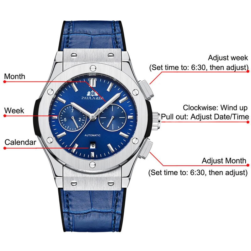 PAULAREIS P العلامة التجارية الجديدة ساعة رجالي ريترو موضة ساعة ميكانيكية الرجال الفاخرة حزام من الجلد مقاوم للماء تاريخ ساعة أوتوماتيكية الذكور