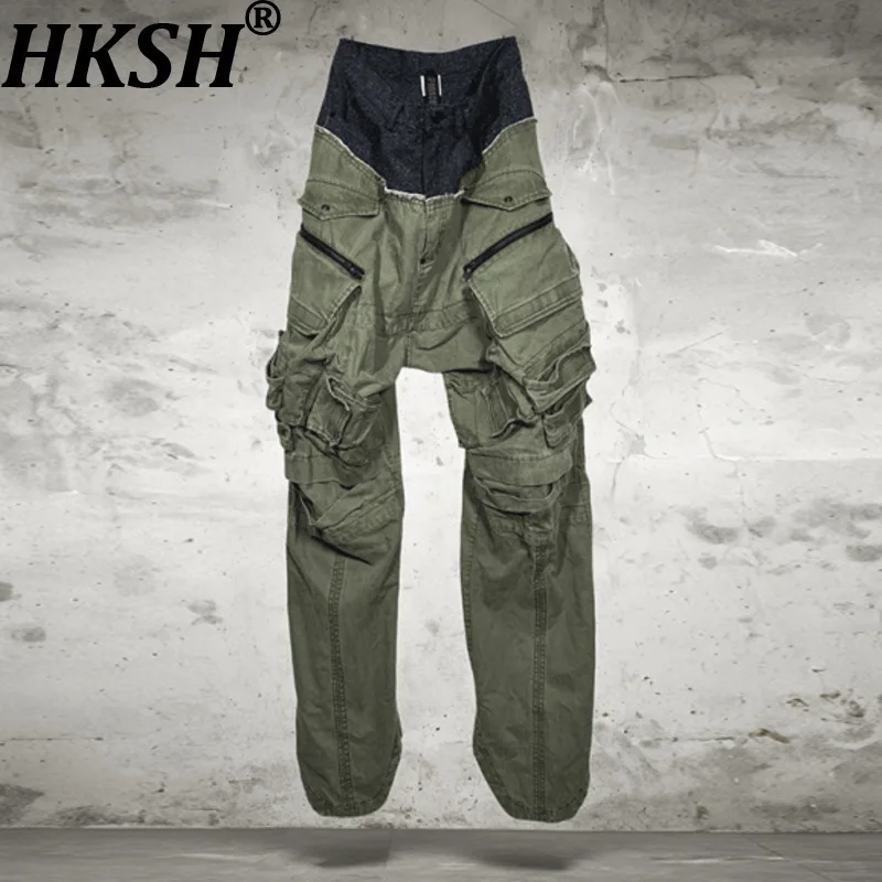 

HKSH Spring Autumn New Men Waste Land Designs Double Waist Deconstructed Vintage Patchwork Multi-Pocket Punk Cargo Pants HK16692