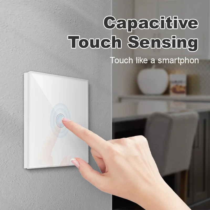 NOVSKI1/2/3Gang Touch Light Switch 1Way Simple Sensor Switch Type-c USB Sockets EU Standard Glass Panel Blue Backlight 10A White