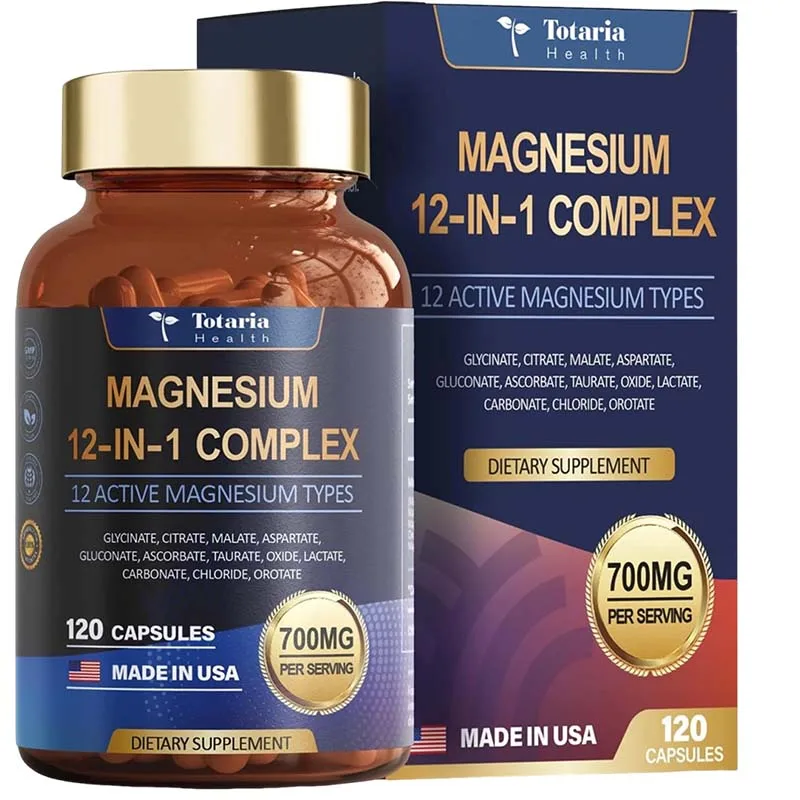 

Магниевые комплексные капсулы 12 в 1. Пособывает спать и снимает мышцы, поддерживает здоровье костей, мышц и сердец.