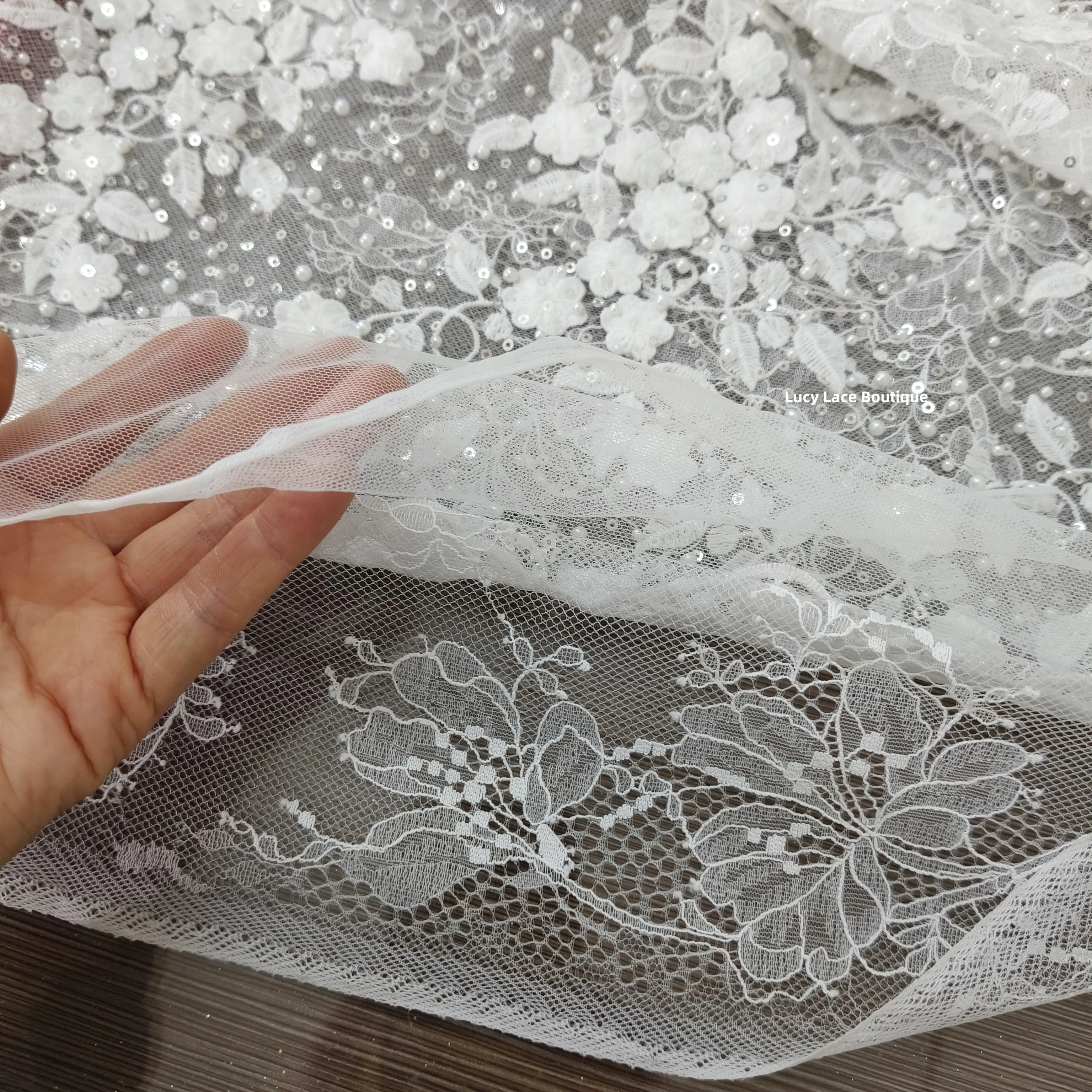 High Quality Composite Fabric Embroidery Beading Lace Off White Pearls Beads Sequins Luxury Dress Material 130CM Wide 1M price