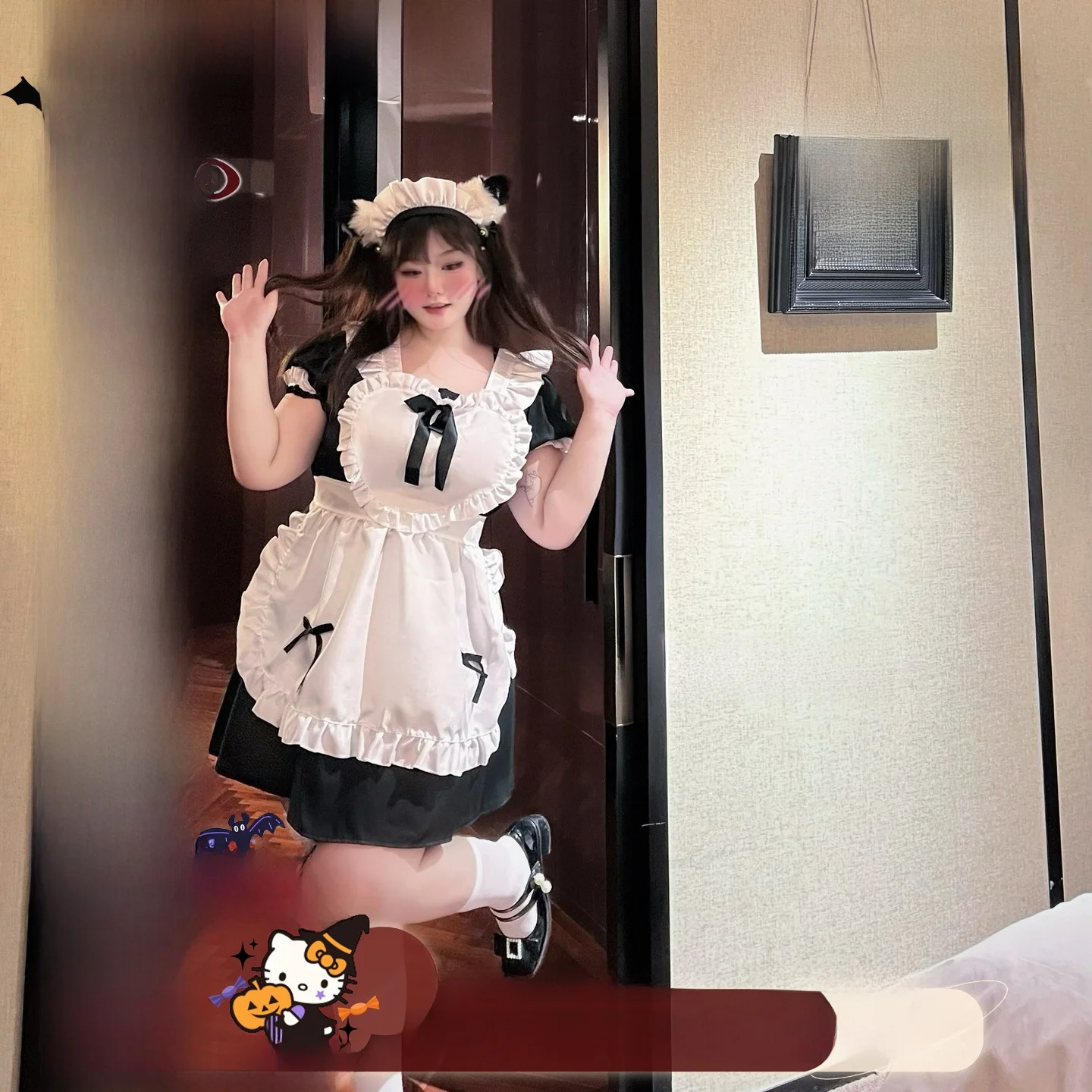 

Sweet loween DY Knot Maid orm Slimming Dr Large Size Cake Skirt ort Sve Square Collar Bubble Sve