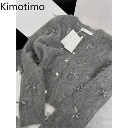 Kimotimo Grey Bow Sweater Autumn Winter Women Temperament High Grade Soft Glutinous Mohair Knitted Cardigan Fragrant Coat