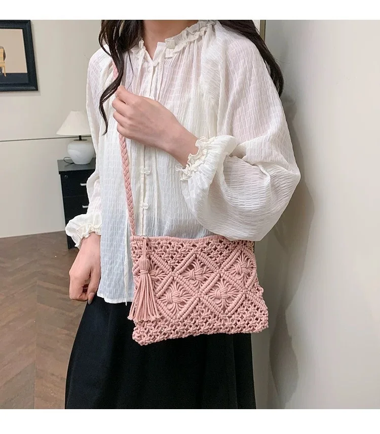 Retro Fransen-Kunststrohtasche, einfache Sommer-Strandtasche, gewebte Schultertasche, lässiges Accessoire für Damen – Detail 15