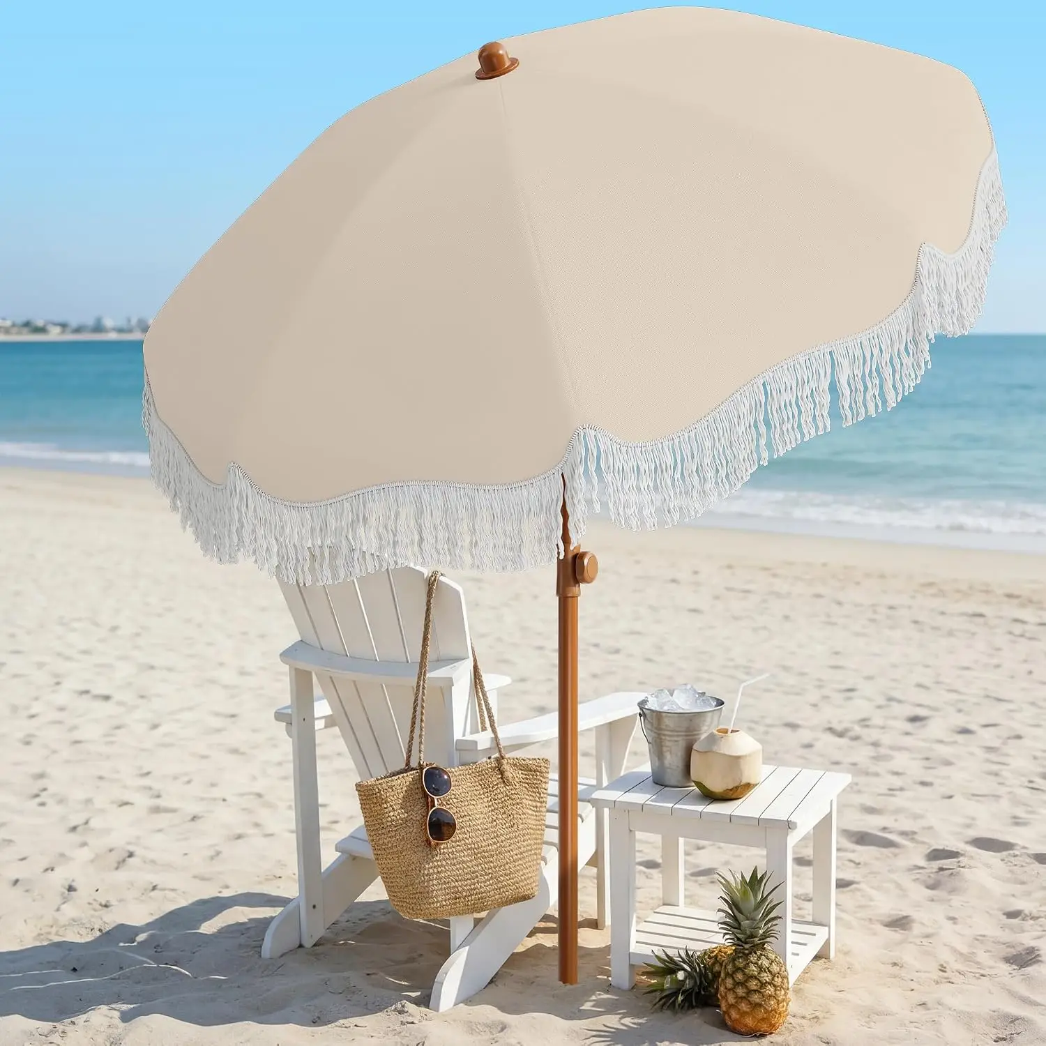 7ft Patio Umbrella with Fringe, UPF50+ Beach for Table, Pool & Garden, Portable Outdoor Tassels w/Fiberglass Ribs&Push Bottom