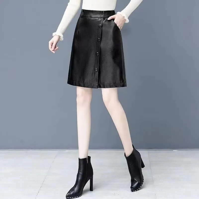 2024 New Pu Leather Women Winter Skirt Autumn Winter High Waist Outside Wearing Boot Pants Broad Leg Fake Two-piece Set Fashion