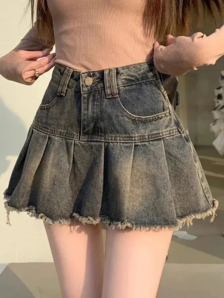 

Vintage Denim Pleated Skirts Women Sweet Korean High Waist Sexy Mini Skirts Retro Preppy Style Slim Elegant A Line Skirt