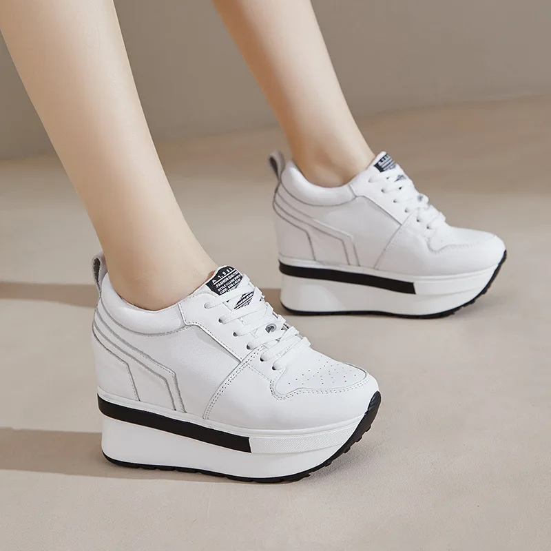 

Genuine Leather Outdoor Casual Shoes Women's 10cm Thick Sole Height Increasing Shoes Breathable Sneakers Comfortable Board Shoes