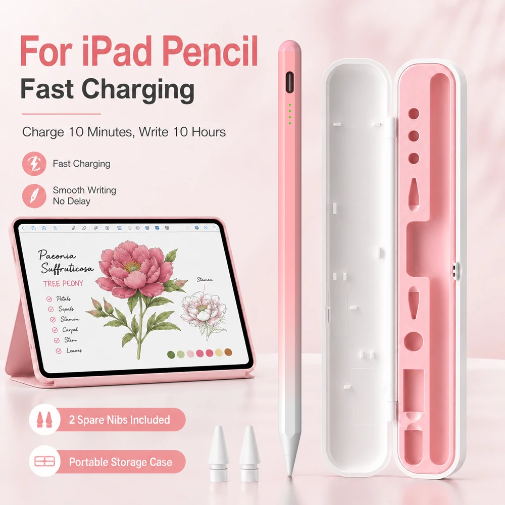 For iPad Pencil Fast Charging Stylus Pen Palm Rejection Tilt Magnetic with Case 2 Spare Nibs for iPad Pro Air Mini Girl Drawing