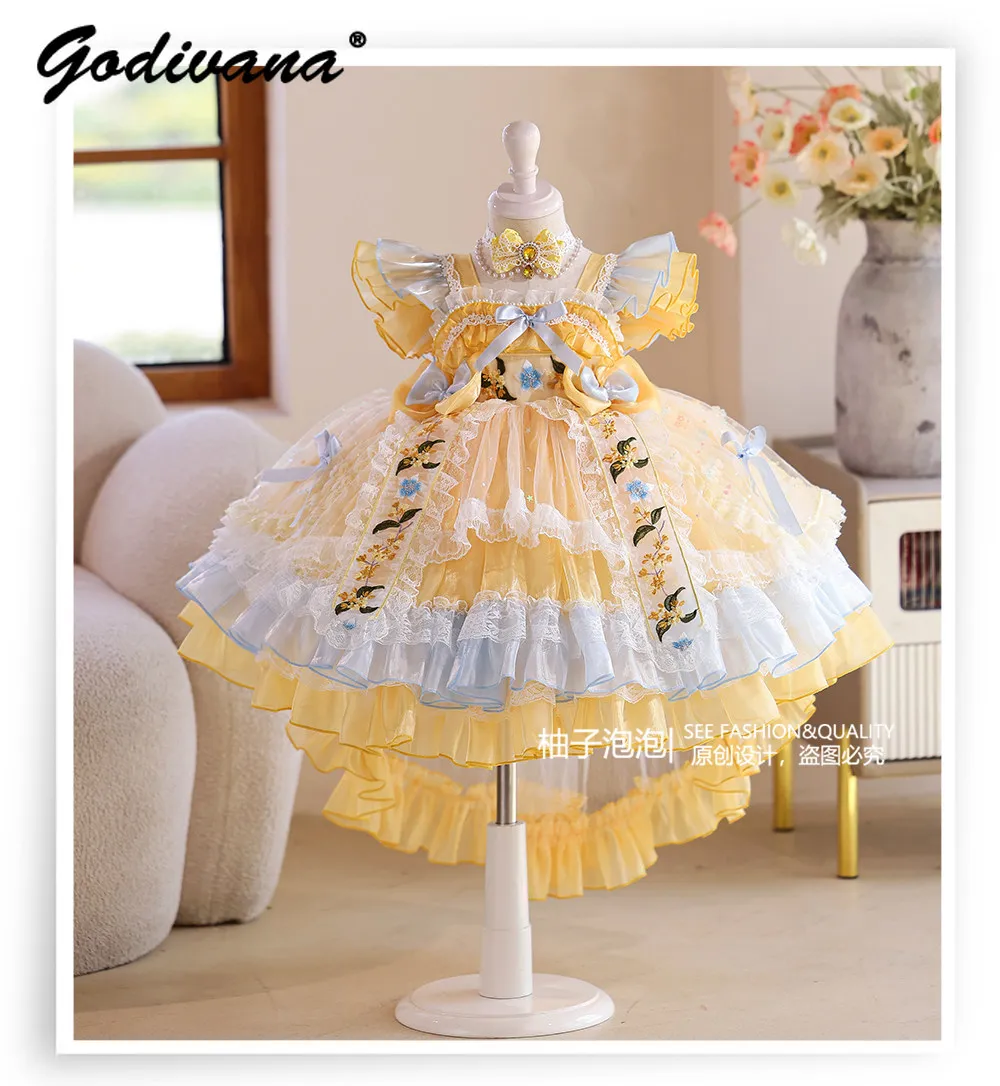 Sweet Baby Girls Lolita Princess Dress Summer 2026 New Kids Feifei Sleeve Lace Floral Embroidery Ruffle Trim Bow Train Ball Gown