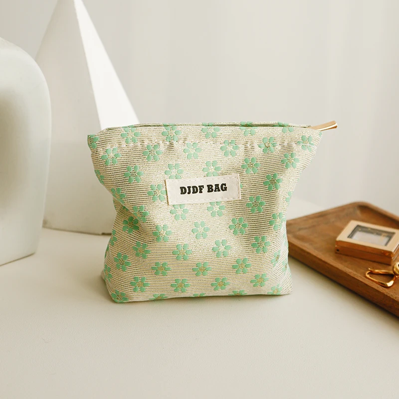 Cosmetic Bag Women\'s Small Green Floral Portable Coin Purse Cosmetics Lipstick Cushion Headphones Storage Bag Commuter Clutch