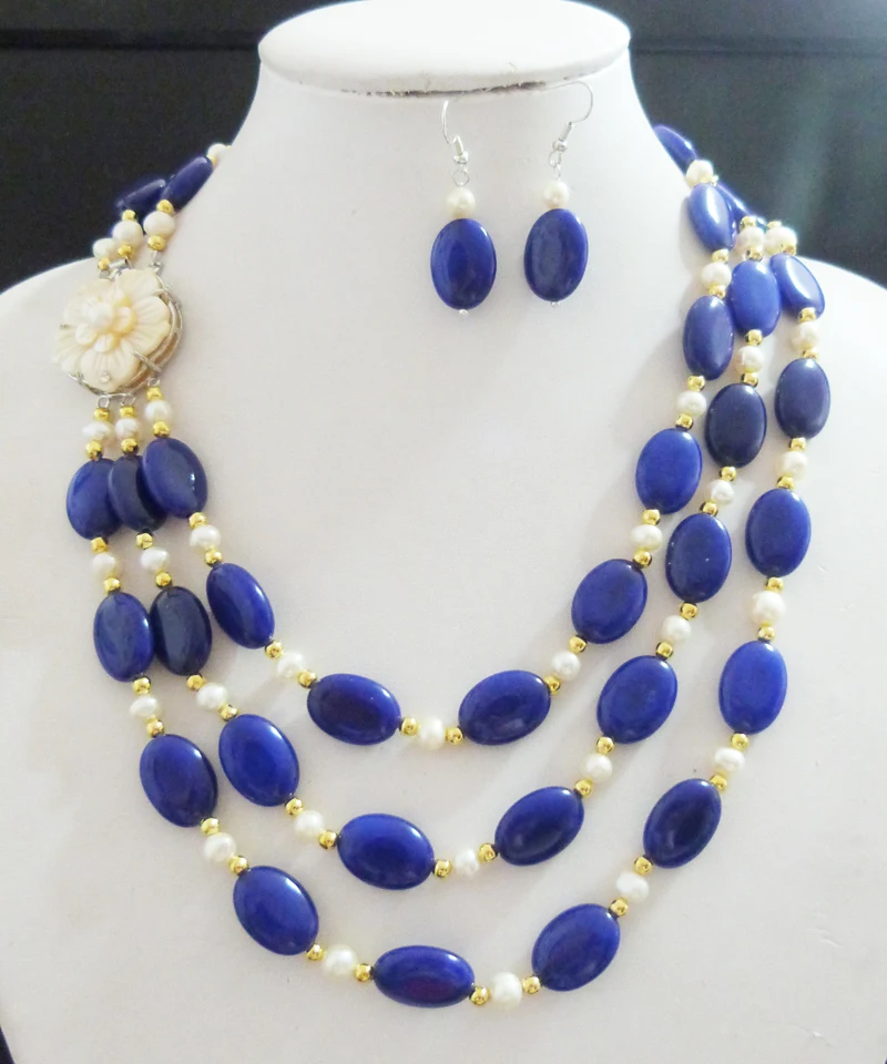 

Exquisite Amazing natural semi-precious stones necklace 3 strands necklace / earrings 19-22"