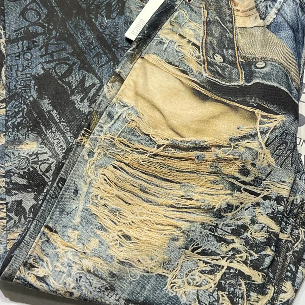 WFMD المرأة سوبر فضفاضة تناسب ممزق الجينز الرجال السراويل التالفة عارضة عالية الخصر ممزق تمتد الدنيم