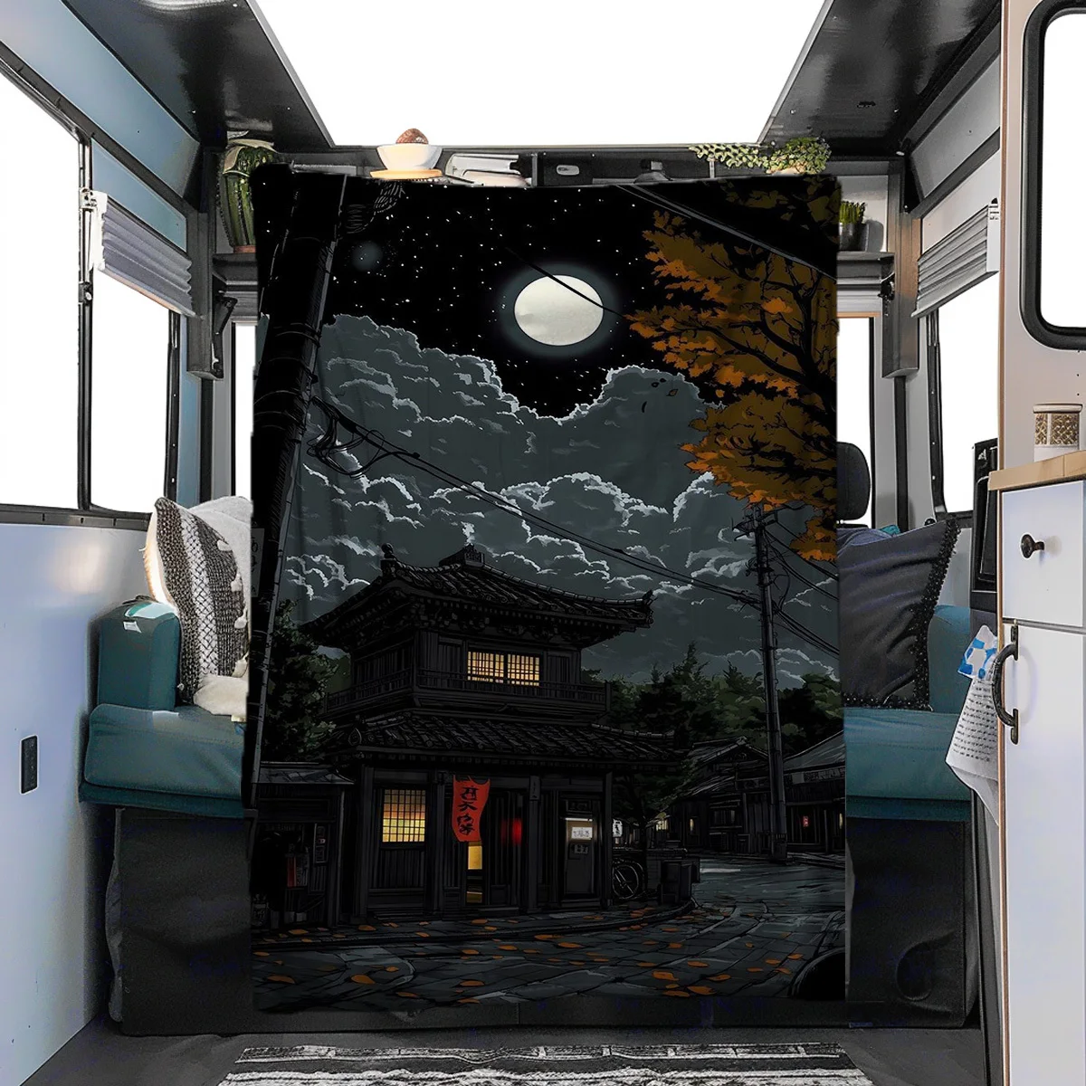 Anime Style Japanese Street Night Scene Flannel Blanket Moon Cloud Old‑Building Pattern Soft Cozy Warm Throw for Bedroom