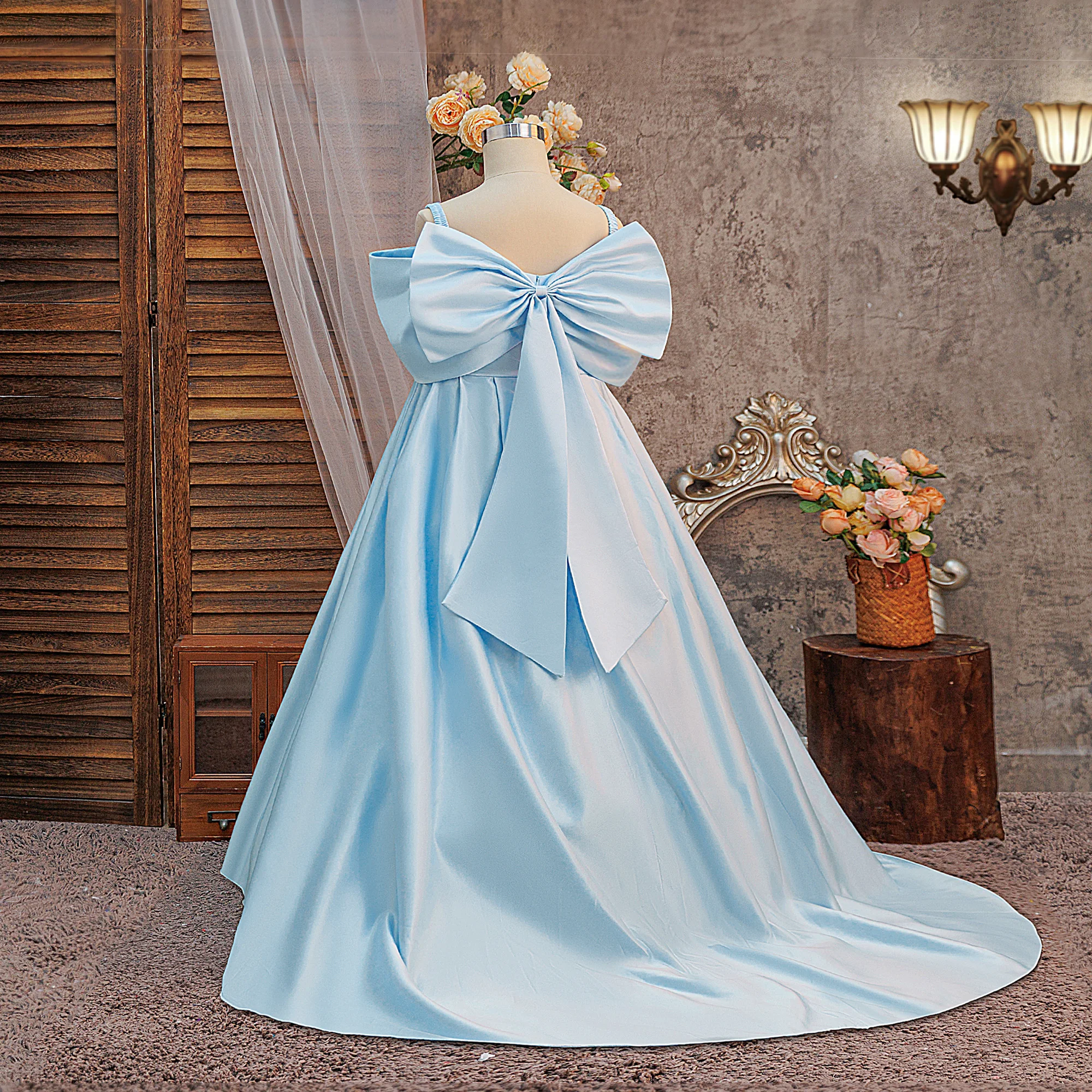 Satin-Hochzeitskleid für Mädchen, Elegantes Prinzessinnenkleid für Erstkommunion, Party, Brautjungfern, Abschlussball, Weihnachten, Neujahr, Abendkostüm – Detail 16
