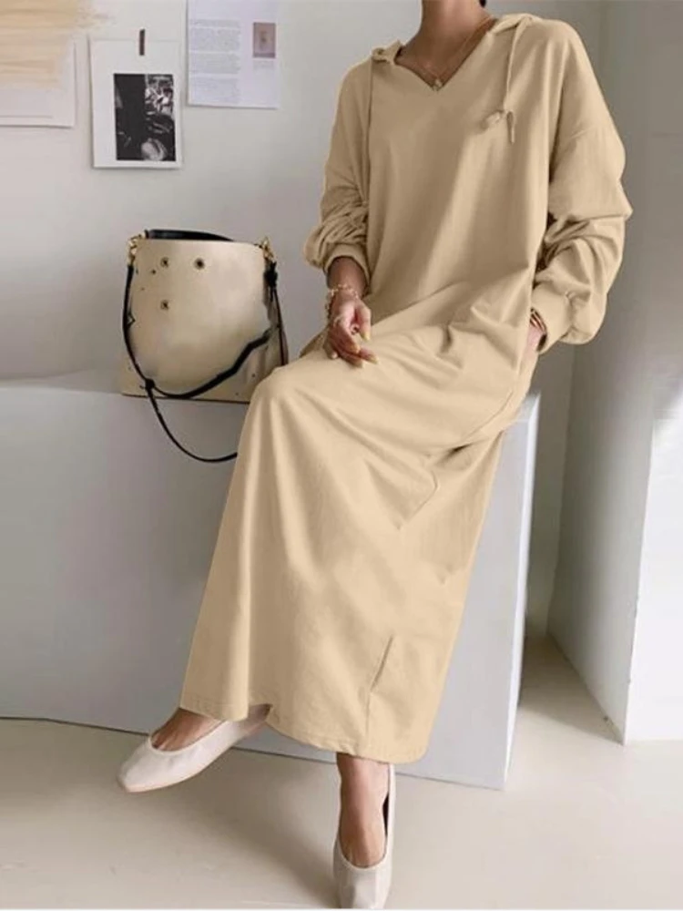 2024 Autumn New Women\'s Commuting Style Elegant Solid Color Long Hoodie Warm Thick Casual Long Hoodie Dress