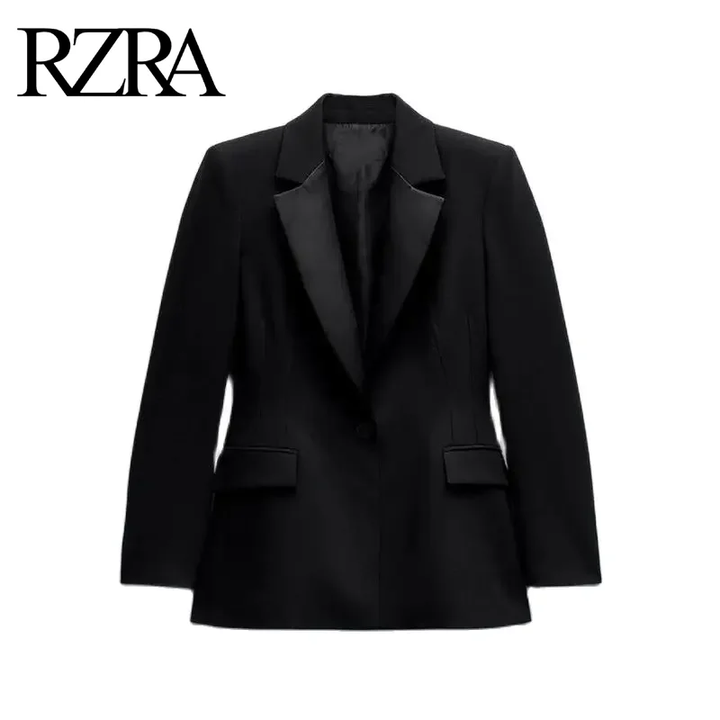 RZRA original women's clothing 2024 autumn and winter new two-color satin texture dress-style lapel stitching suit jacket