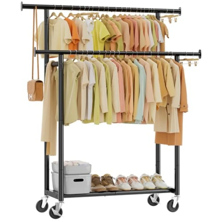 

Clothes Rack Double Rods Clothing Rack for Hanging Clothes Metal Garment Rack with Rolling Wheels Portable Wardrobe Closet Rack