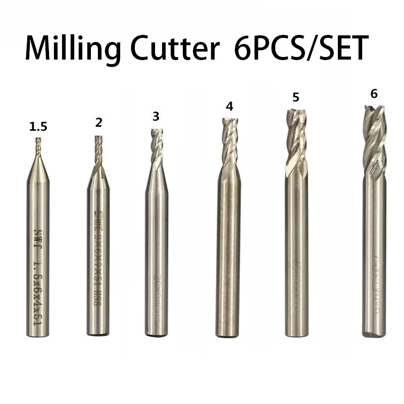 6PCS/Set 1.5mm-6mm HSS Milling Cutter 2 3 4 Flute End Mill CNC Machine Metal Milling Tools Router Bit For Aluminum Wood Steel ro