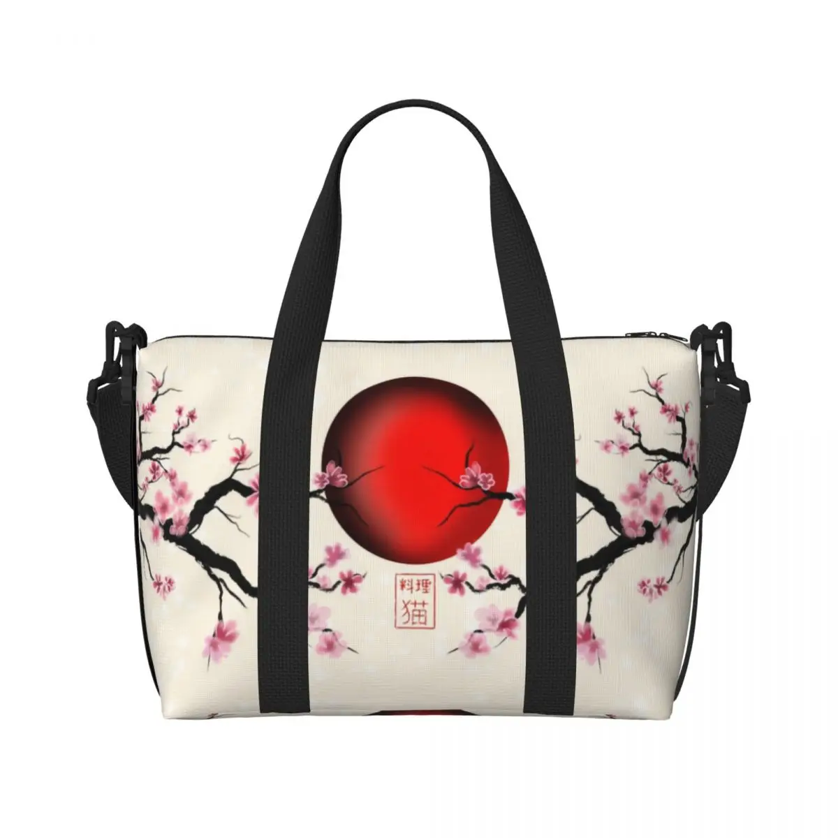 Custom Japan Sakura Cherry Blossoms สีแดง Rising Sun Tote กระเป๋าผู้หญิงขนาดใหญ่ความจุดอกไม้ Gym Beach กระเป๋าเดินทางไหล่