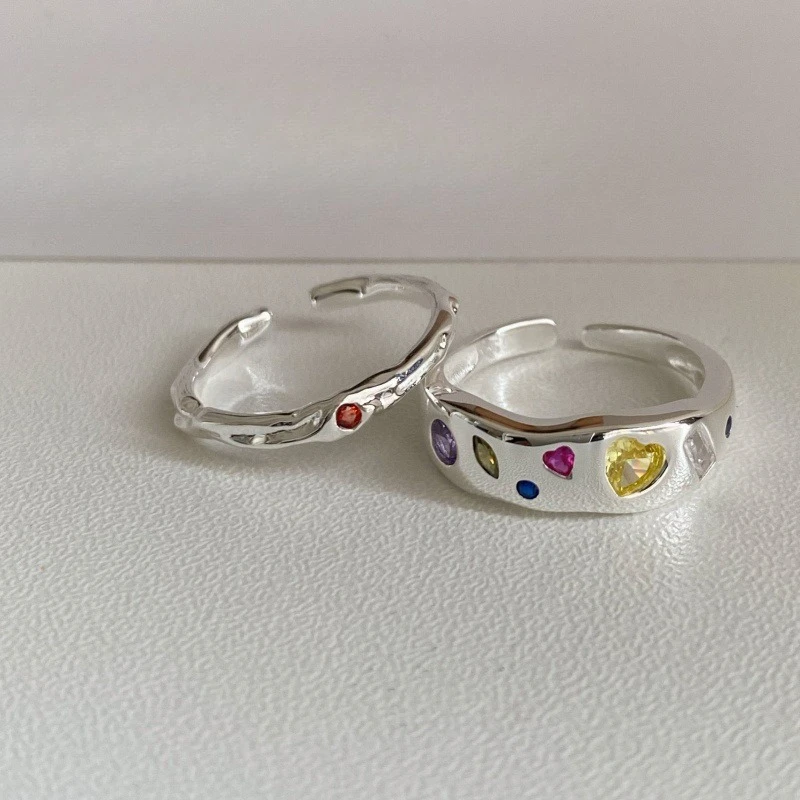 Creative Sweet 925 Sterling Silver Adjustable Colorful Crystal Heart-shaped Ring for Woman Girl Exquisite Jewelry Accessory Gift