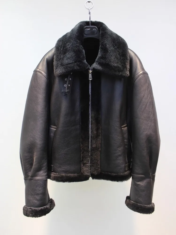 Winter Women Moto Biker Style Natural Shearling Overcoat Sheepskin Genuine Leather Real Wool Jacket Warm Sheep Fur Lining Coat