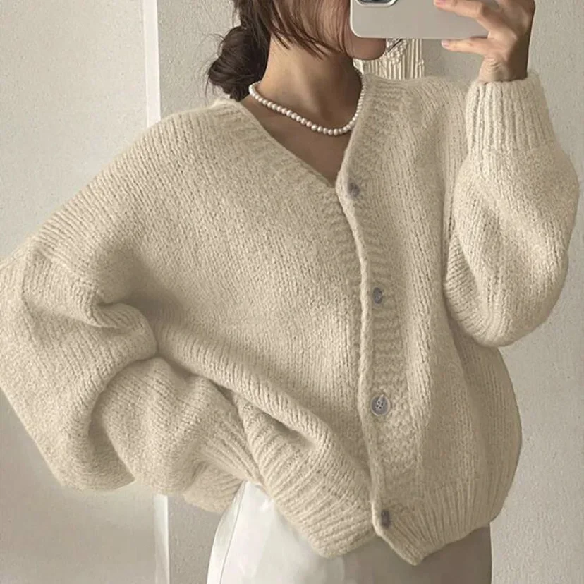 

Autumn Winter New Arrival Street Trend Loose Knitted Open Cardigan Women's V-neck Lantern Sleeve Sweater Casual Style