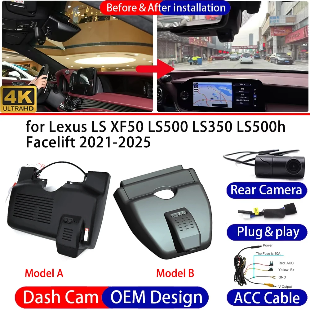 Dash Cam for Lexus LS XF50 LS500 LS350 LS500h Facelift 2021-2025 Front＆Rear 4K DVR Dashboard Camera Video Recorder Parking Mode