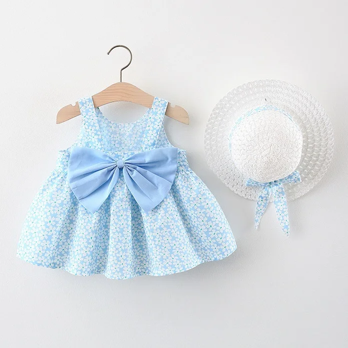 Baby Dress 2024 Summer New Girl Bow Strap Set Children\'s Flower Print Suspender Shorts Casual Two Piece Set+Hat