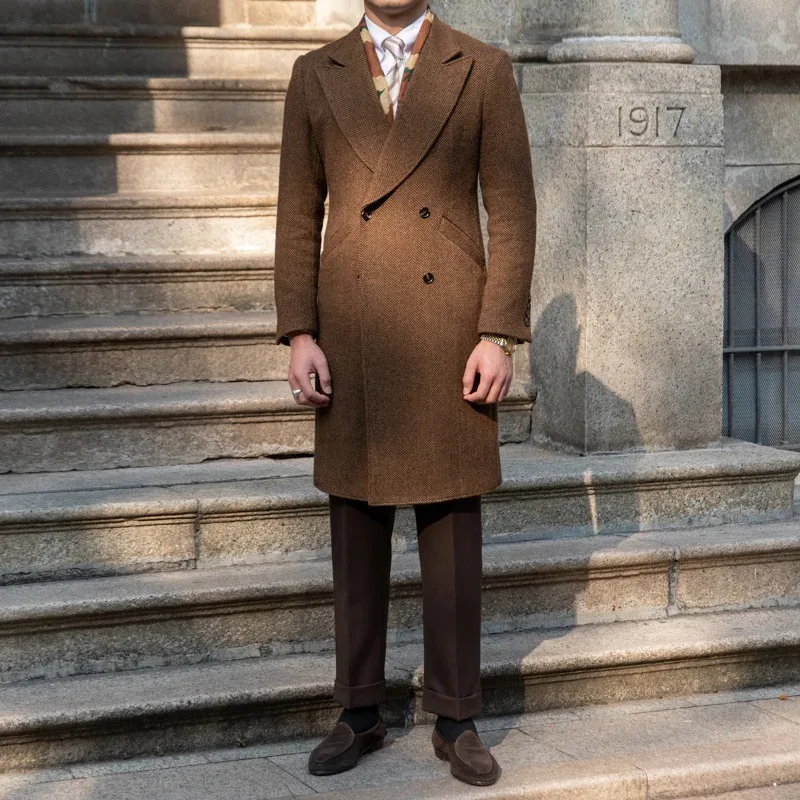 Formal Brown Men's Long Coat Double Breasted Business Classic Fit One Piece Customized Jacket Windproof