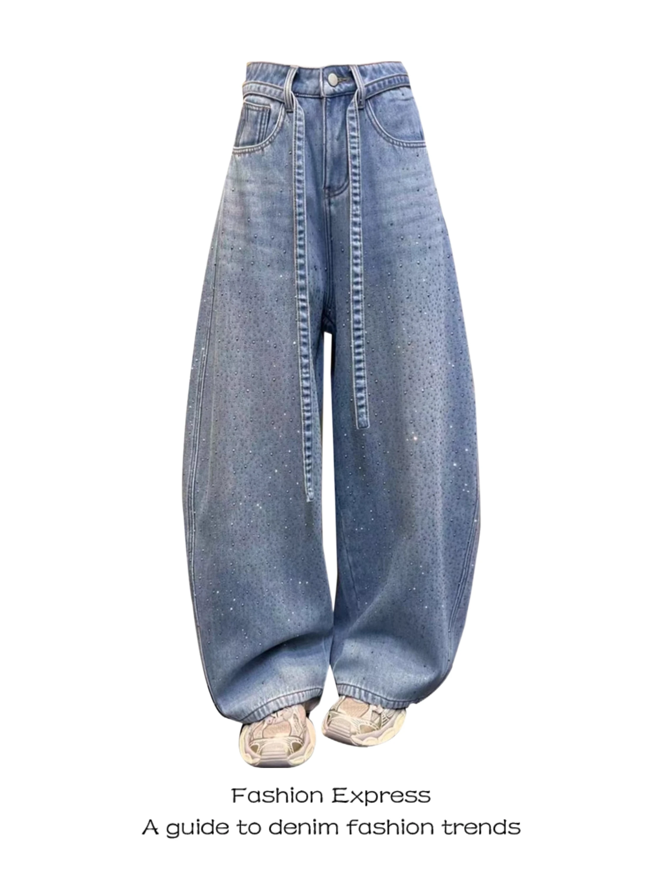 

Glittering Rhinestone Denim Pants Women's Winter New Sle Blue Wide Leg Faion Dstring Design Sensation Floor-Length Pants