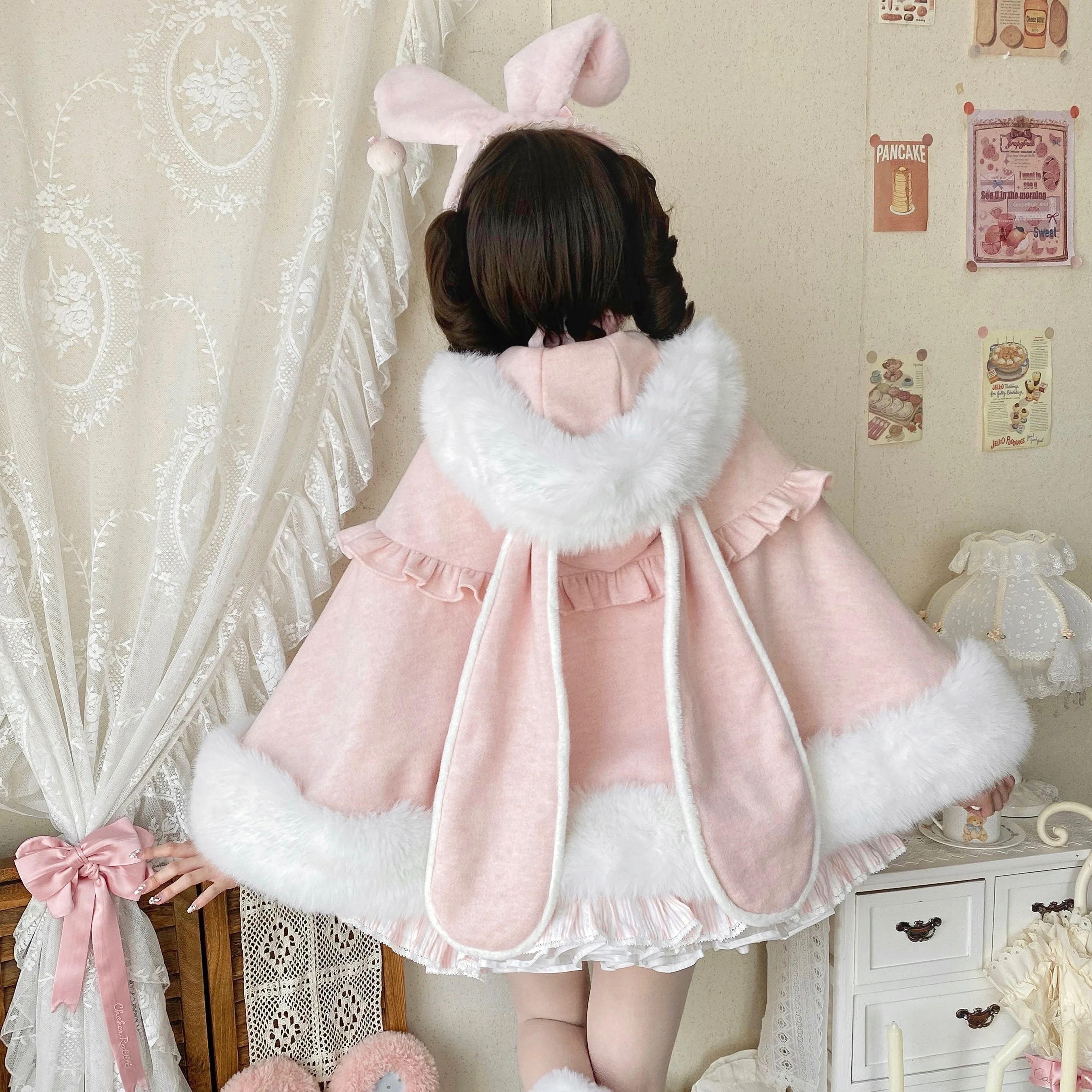 Original Japanese Soft Girls Kawaii Hooded Cloak Autumn Winter New Woman's Cute Bow Plush Thickened Lolita Short Jacket Capes