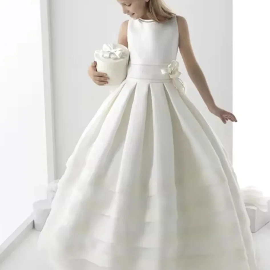 

Customized White Flower Girl Dress For Wedding Bowknot Satin Sleeveless Floor Length Elegant Kids Birthday First Communion Gown