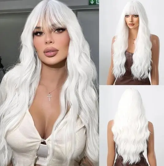 

Long Curly Wig for Women White Party Synthetic Hair Wigs with Bangs White Wavy Wig Heat Resistant for Cosplay Costume Wig