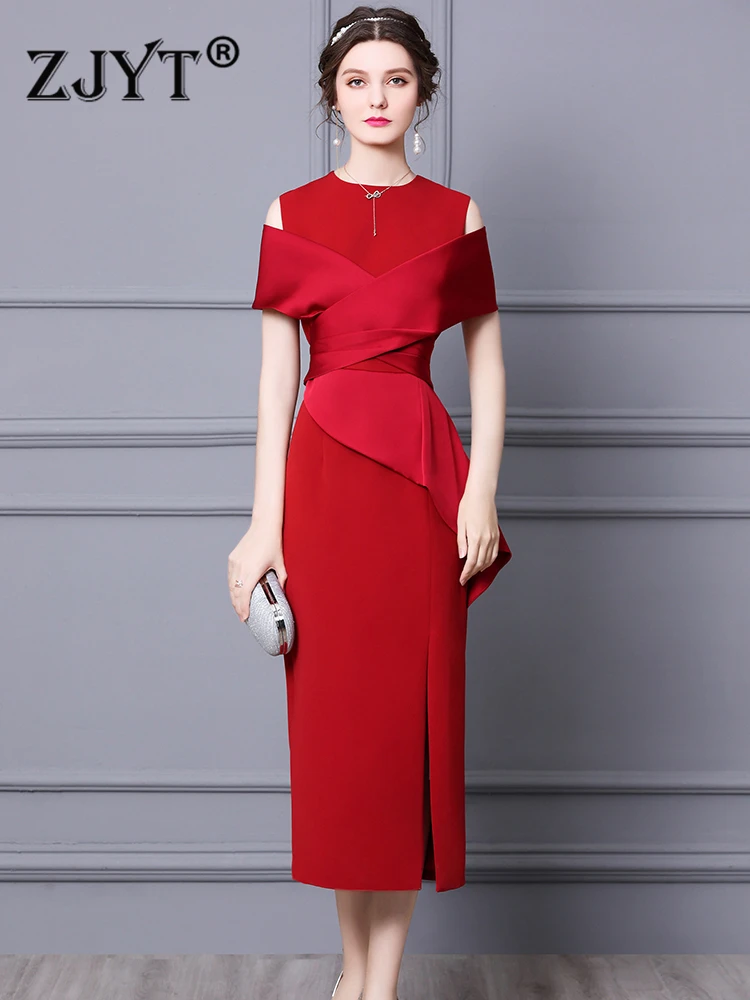 

ZJYT Elegant Designer Long Maxi Wedding Party Dresses for Women Summer 2023 Evening Gown Ruffles Off The Shoulder Vestidos Red