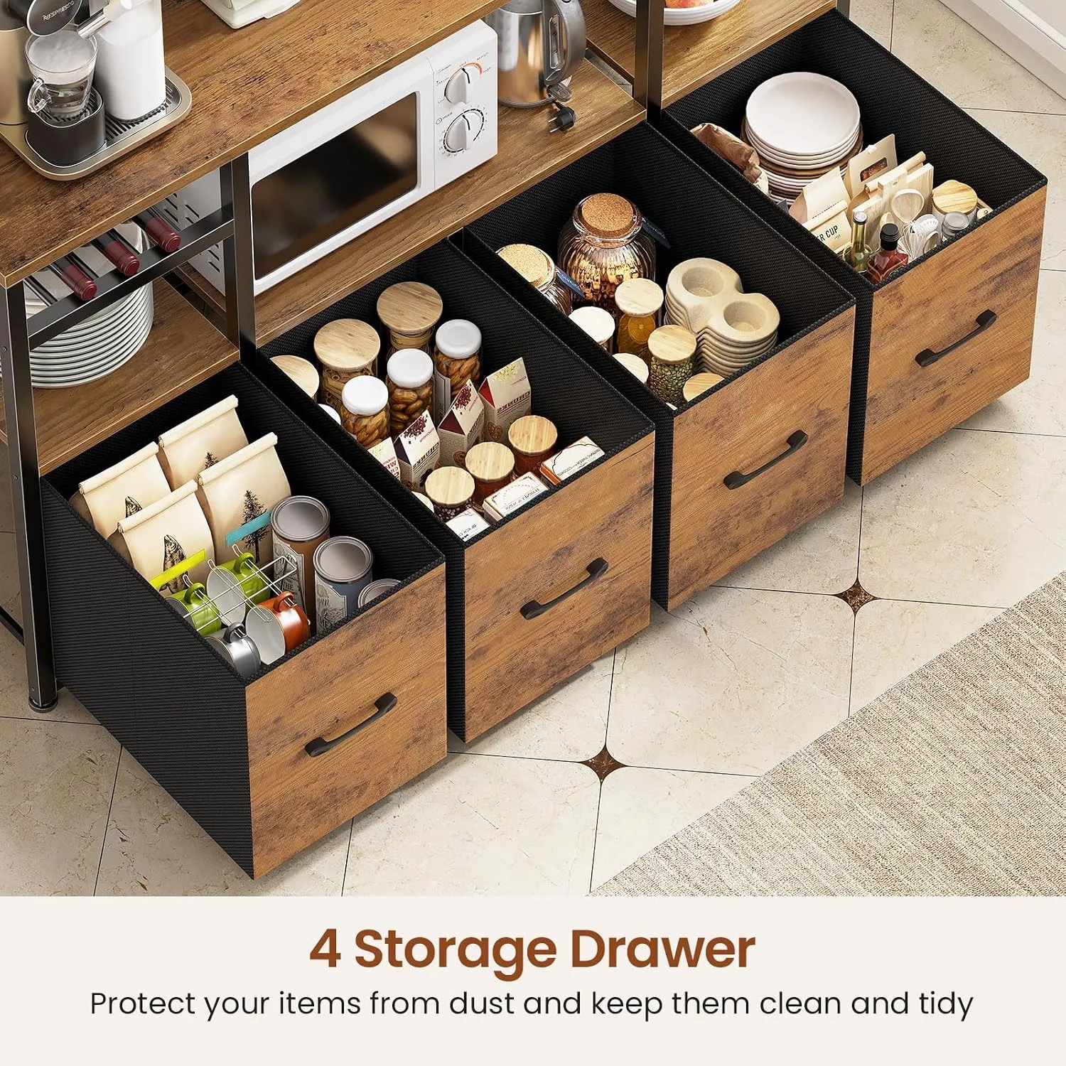 Rack with Power Outlet and LED Light, 47.2'' Microwave Stand with Storage, Kitchen Coffee Bar Cabinet with Glass Door, 4 Drawer, Wine Rack, Goblet Holder and 12 Hooks, Rustic Brown view 5