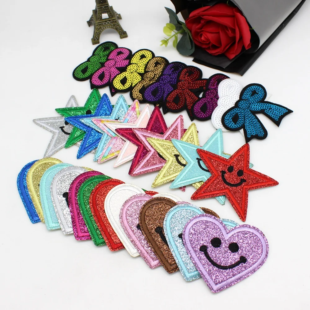 12 pcs Random Mixed color shiny Bird star love Sew on Iron on Patches for Iron On Appliques Clothes Jeans Stickers Badges