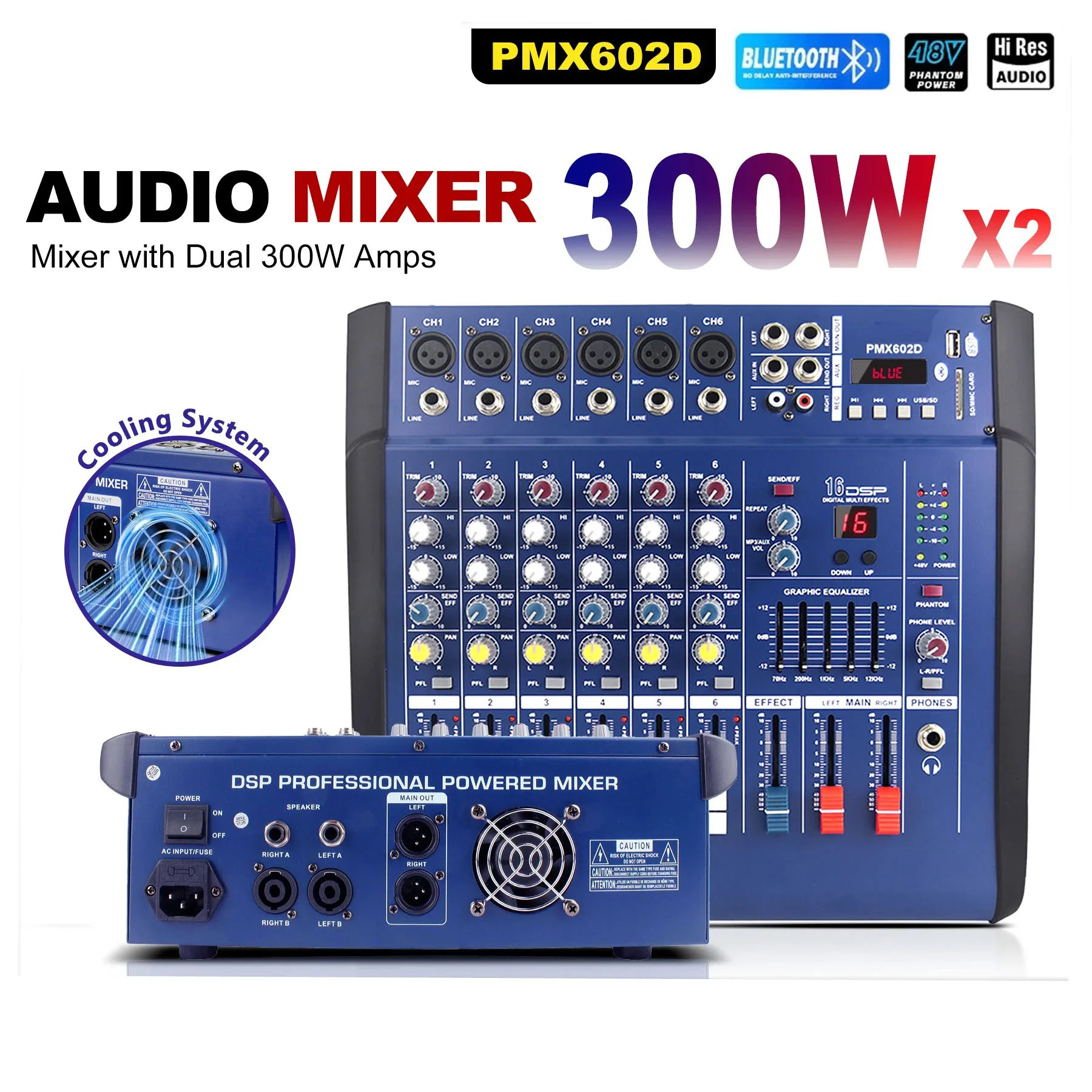 4/6/8/10/12CH Powered Mixer 2x300W Bluetooth 16 DSP Effects 48V Phantom Power 2-Band EQ Live Streaming Karaoke Church view 3