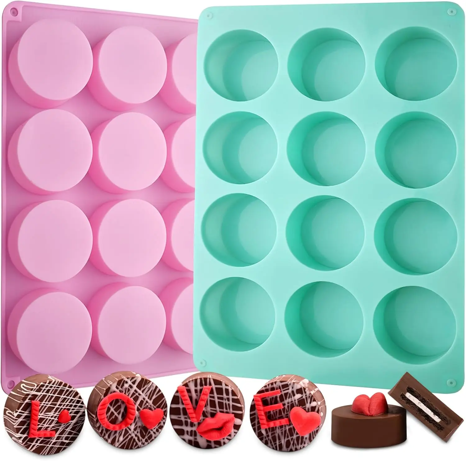 Moldes de Silicona de 12 Cavidades para Chocolate Oreo, Paquete de 2, Molde Antiadherente para Hornear Dulces, Pasteles y Gelatina