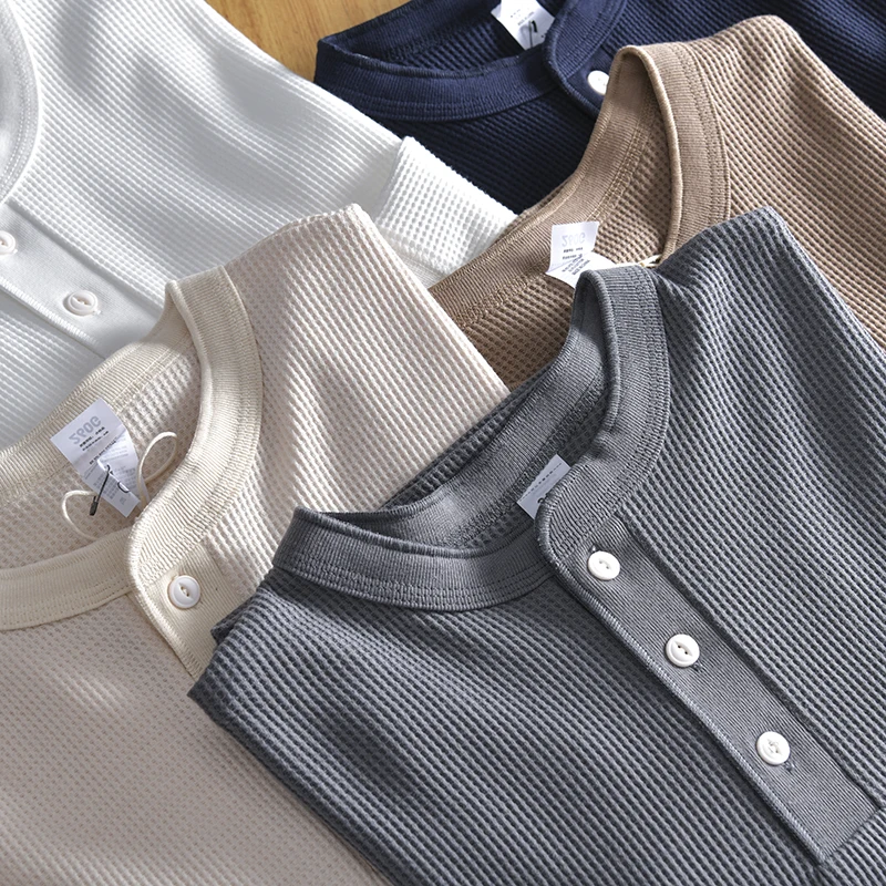 Spring Autumn New American Retro Long Sleeve Henry Collar Waffle Solid Color T-shirt Men's Simple Washed Casual Tough Guy Tops